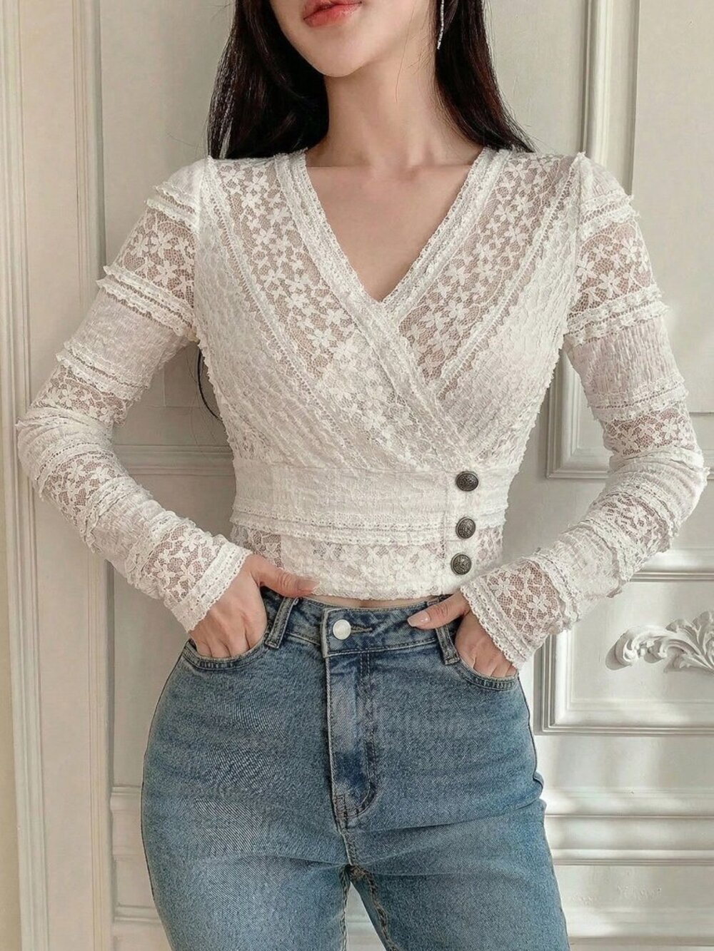 Apricot Casual Women's V-Neck Long Sleeve Button Blouse